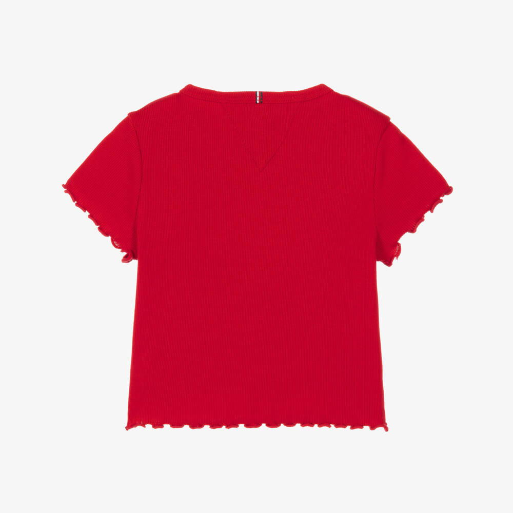 Tommy Hilfiger-Girls Red Extra Slim Ribbed T-Shirt | Childrensalon