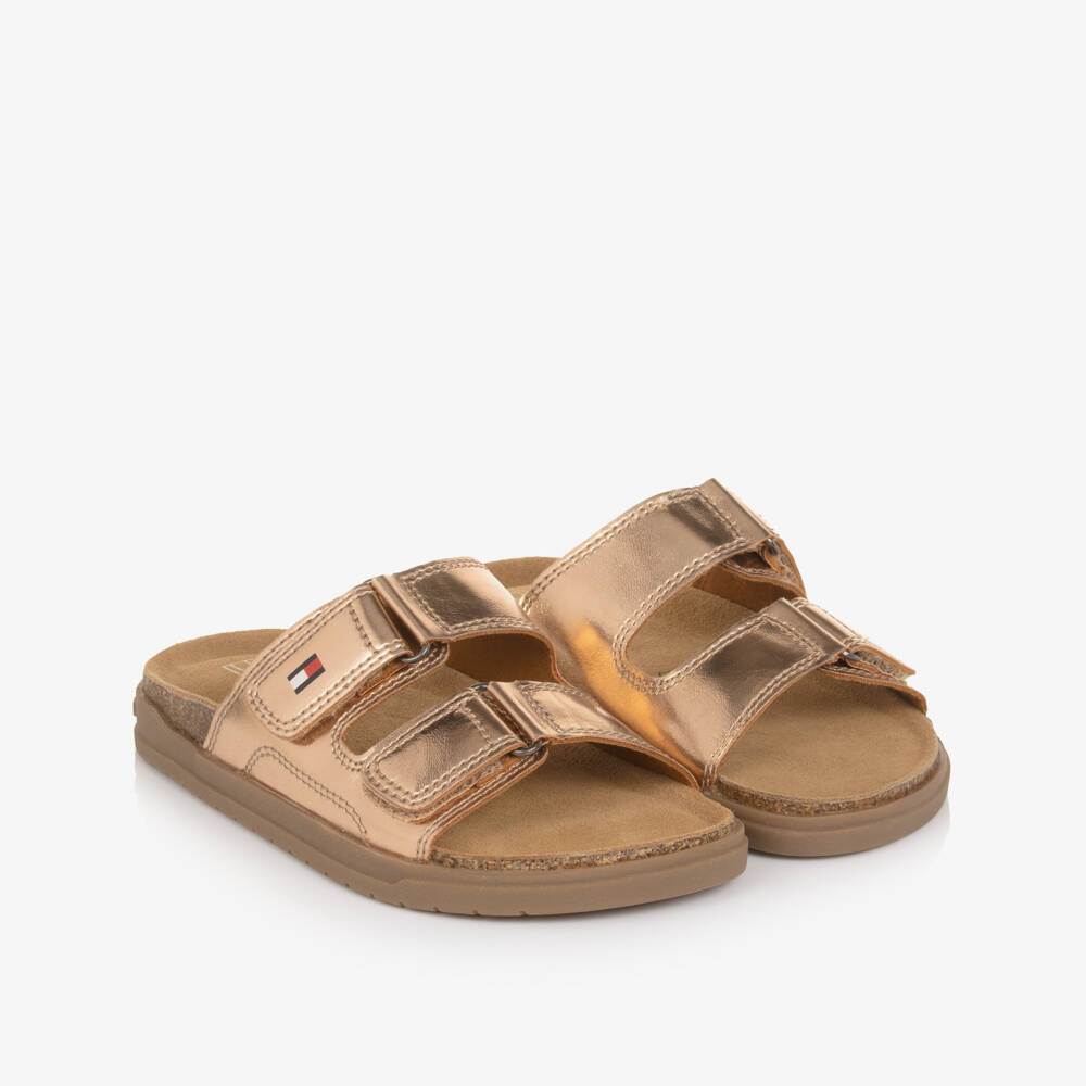 Tommy Hilfiger-Girls Rose Gold Faux Leather Sliders | Childrensalon