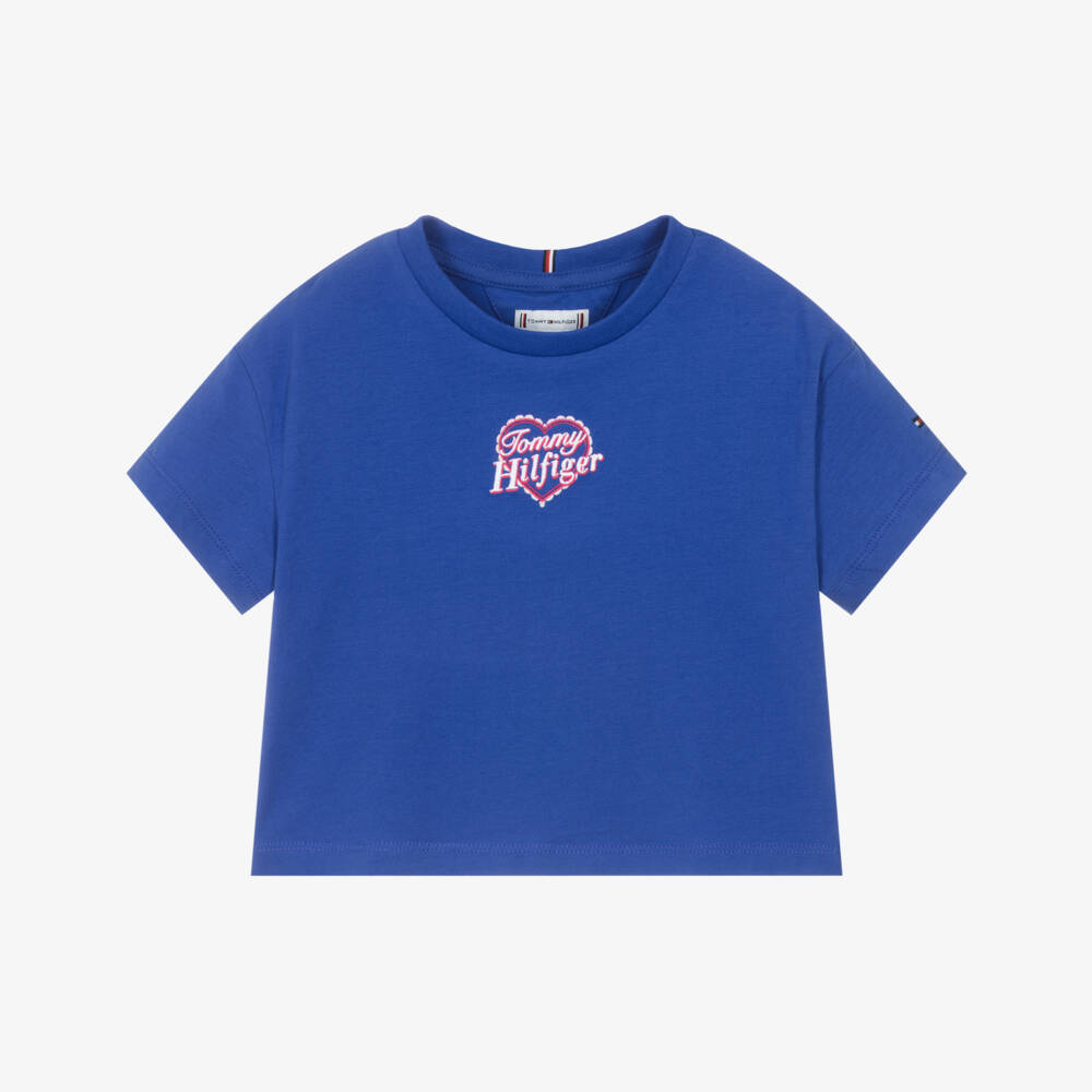 Tommy Hilfiger-Girls Royal Blue Cotton Boxy T-Shirt with Heart Logo Motif | Childrensalon