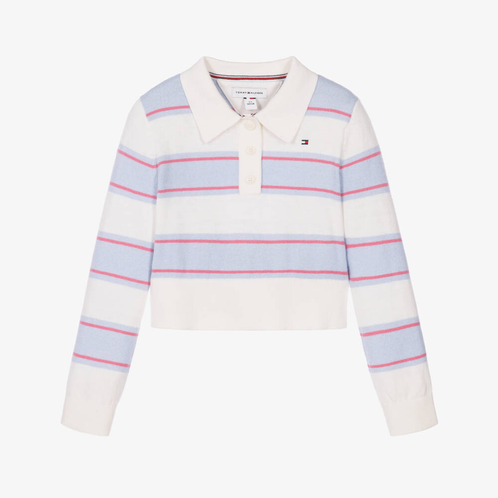 Tommy Hilfiger-Girls Sky Blue Striped Polo Top | Childrensalon