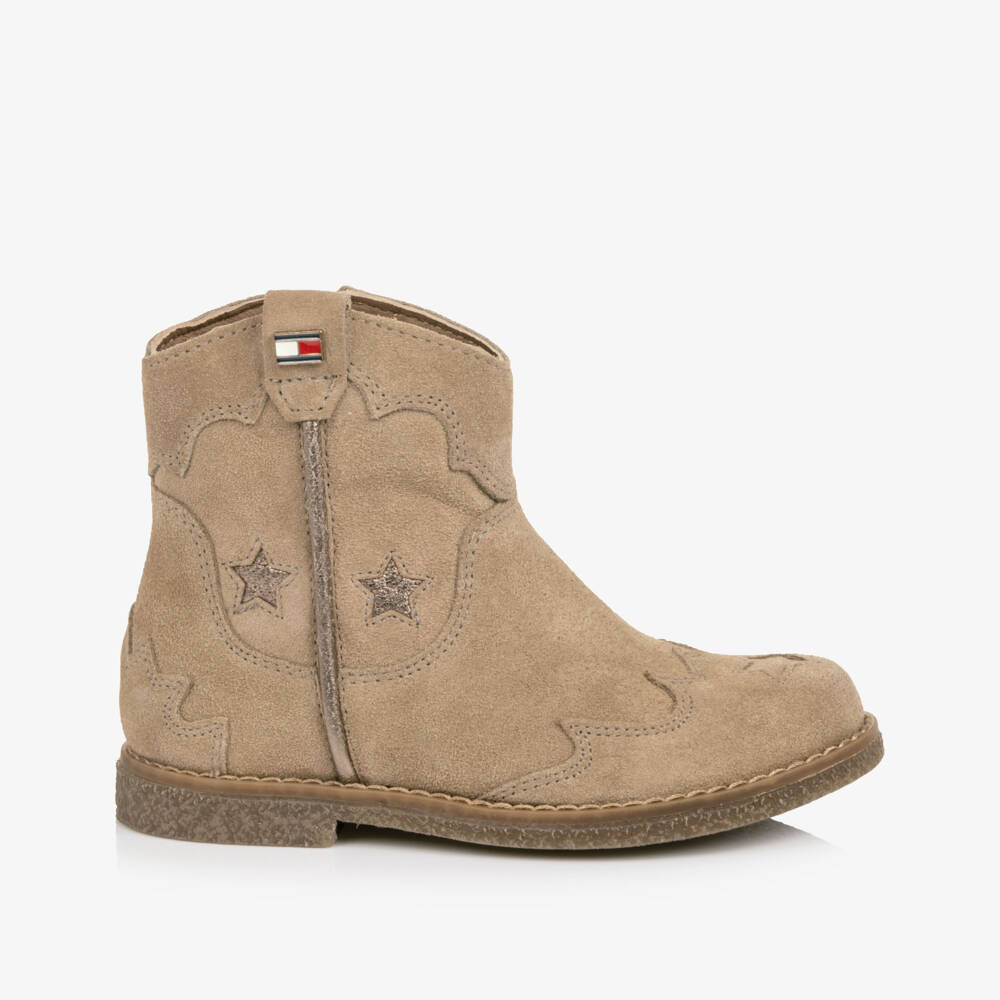 Tommy Hilfiger-Girls Taupe Suede Leather Western-Style Ankle Boots | Childrensalon