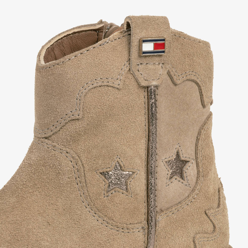 Tommy Hilfiger-Girls Taupe Suede Leather Western-Style Ankle Boots | Childrensalon