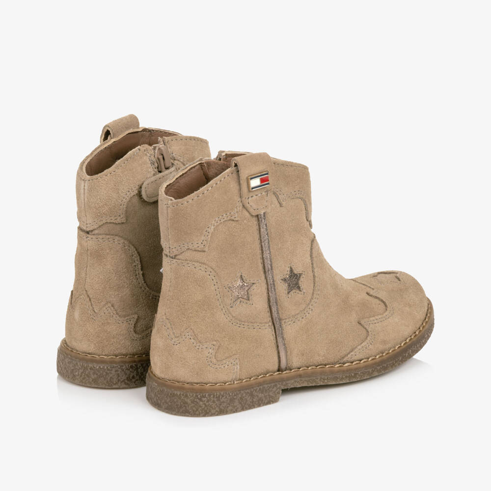 Tommy Hilfiger-Girls Taupe Suede Leather Western-Style Ankle Boots | Childrensalon