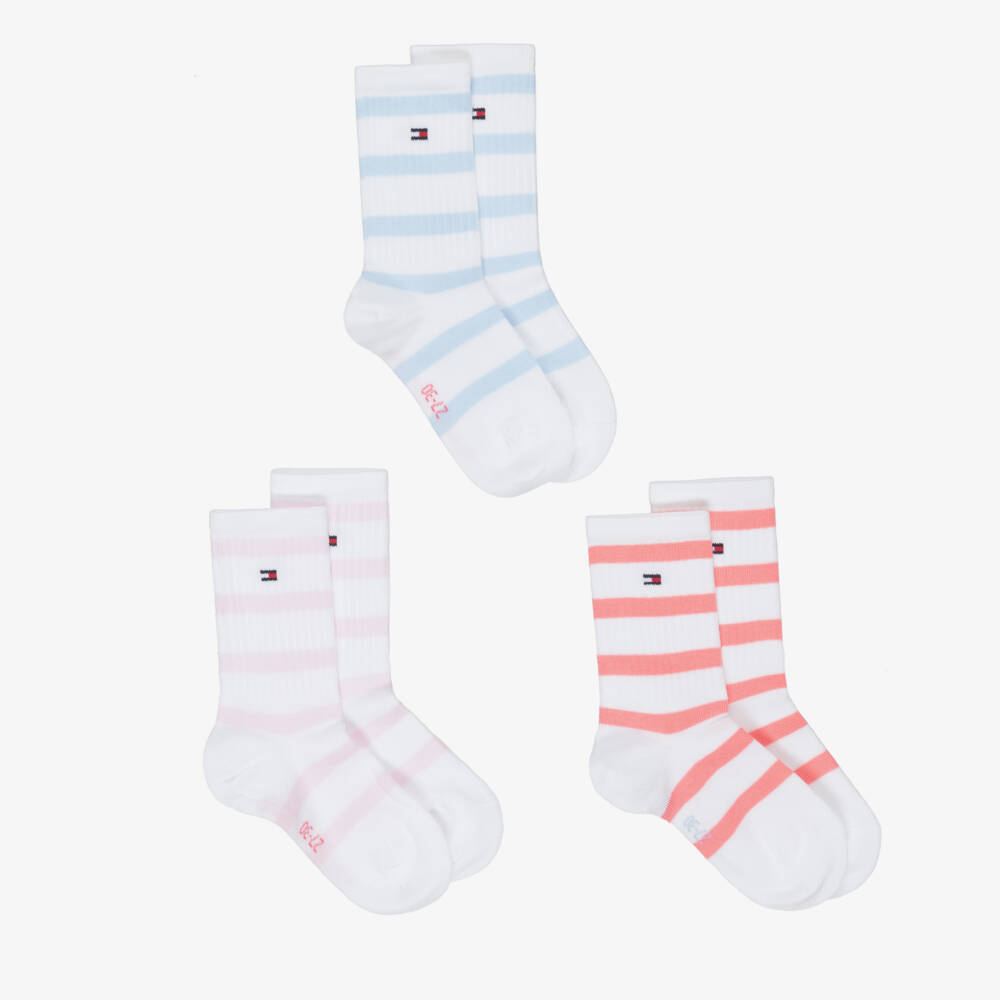 Tommy Hilfiger-Girls White Ankle Socks with Blue & Pink Stripes (3 Pack) | Childrensalon