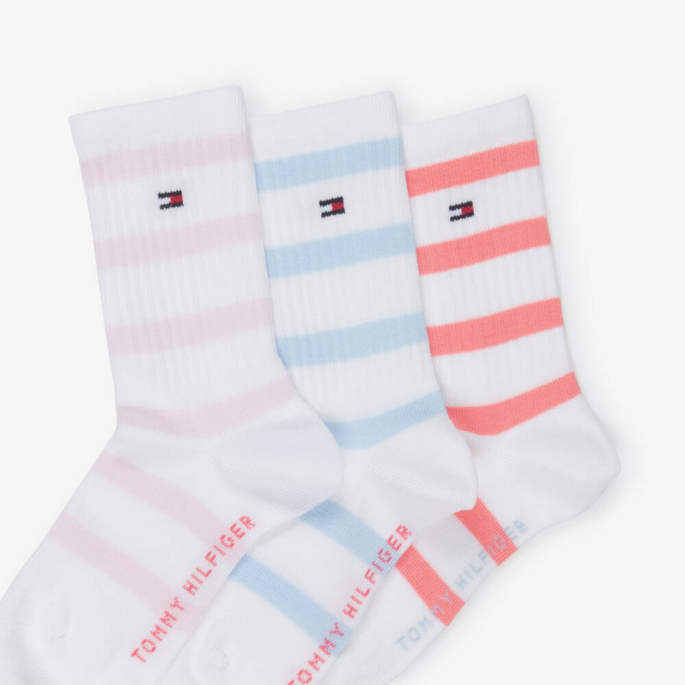 Tommy Hilfiger-Girls White Ankle Socks with Blue & Pink Stripes (3 Pack) | Childrensalon