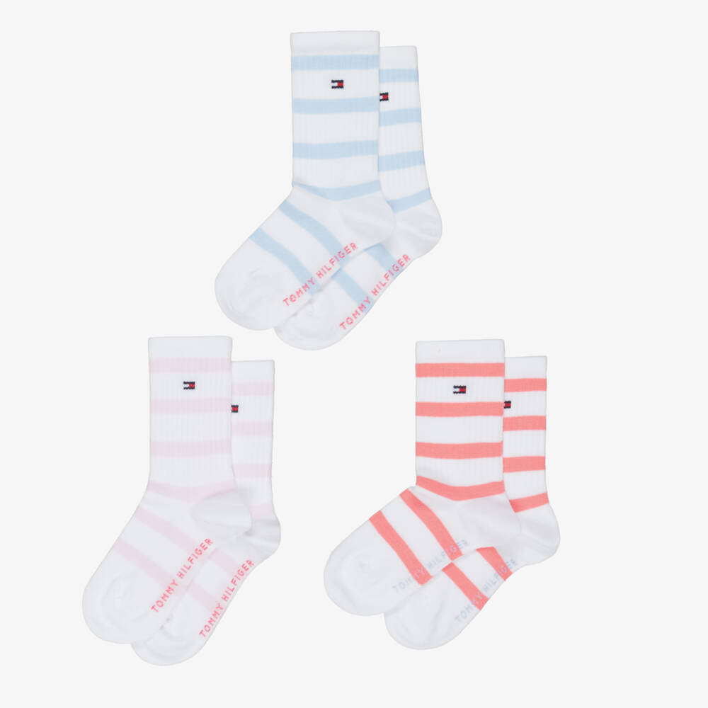 Tommy Hilfiger-Girls White Ankle Socks with Blue & Pink Stripes (3 Pack) | Childrensalon