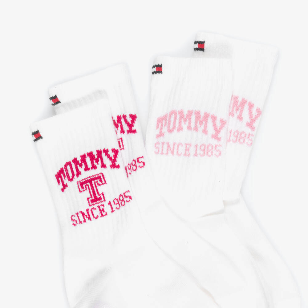 Tommy Hilfiger-Girls White Ankle Socks with Pink Logos (2 Pack) | Childrensalon