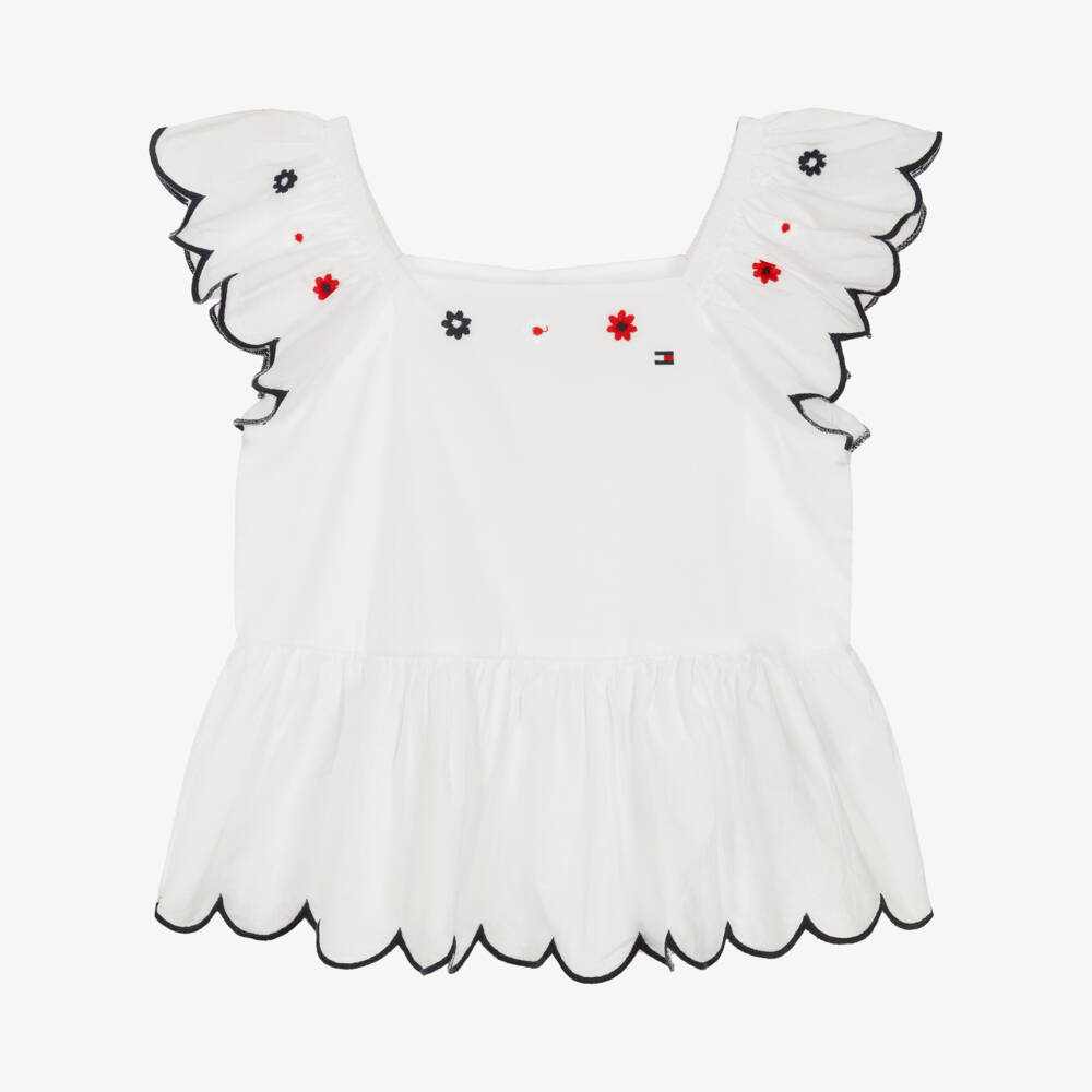 Tommy Hilfiger-Girls White Cotton Blouse with Scalloped Trim | Childrensalon