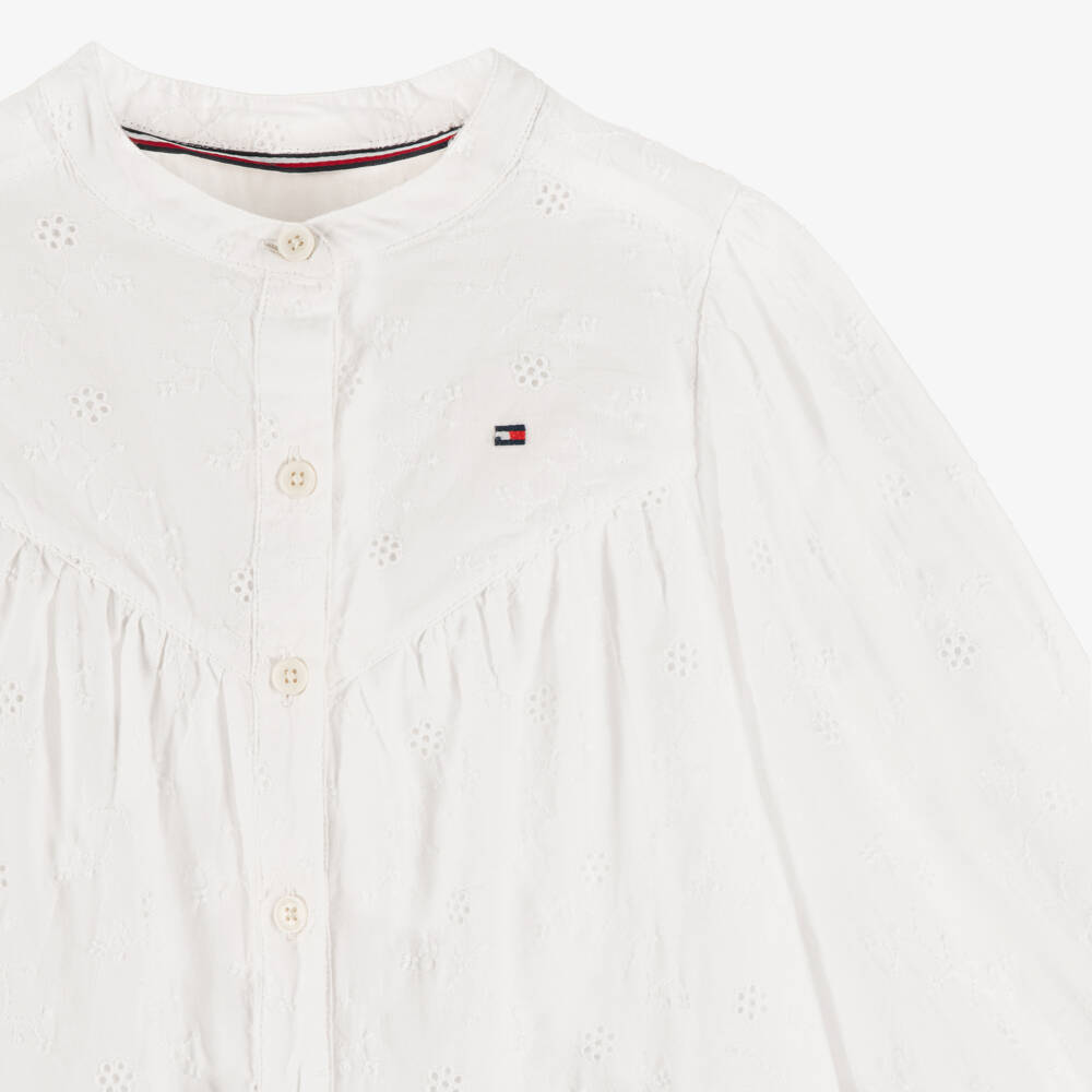 Tommy Hilfiger-Girls White Cotton Button Front Broderie Anglaise Dress | Childrensalon