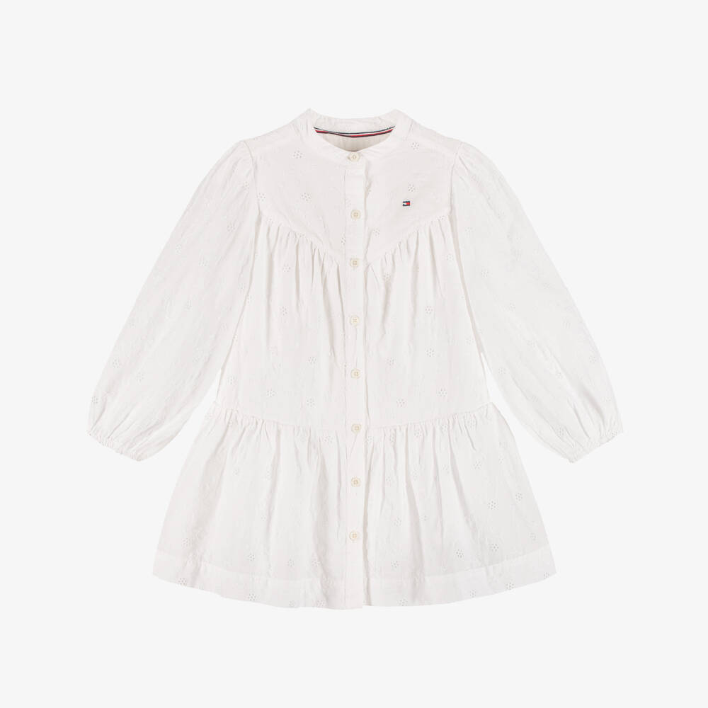 Tommy Hilfiger-Girls White Cotton Button Front Broderie Anglaise Dress | Childrensalon