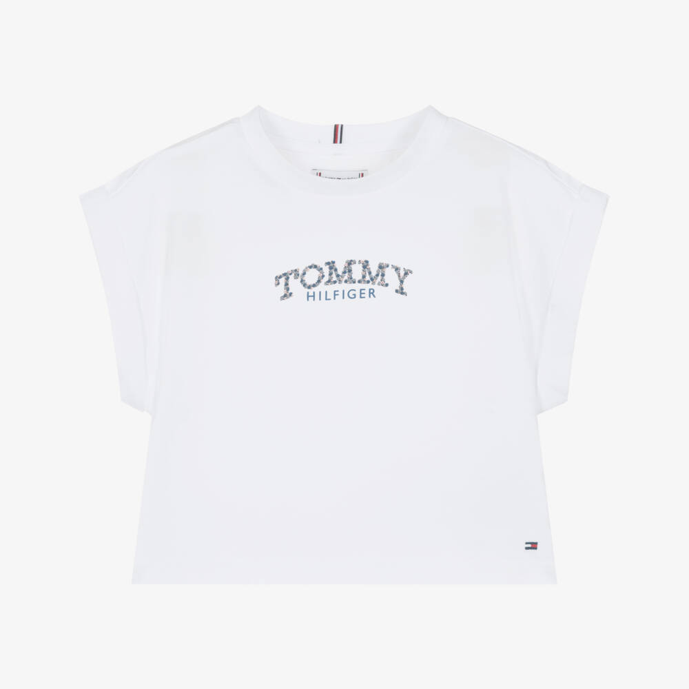 Tommy Hilfiger-Girls White Cotton Floral Logo T-Shirt | Childrensalon