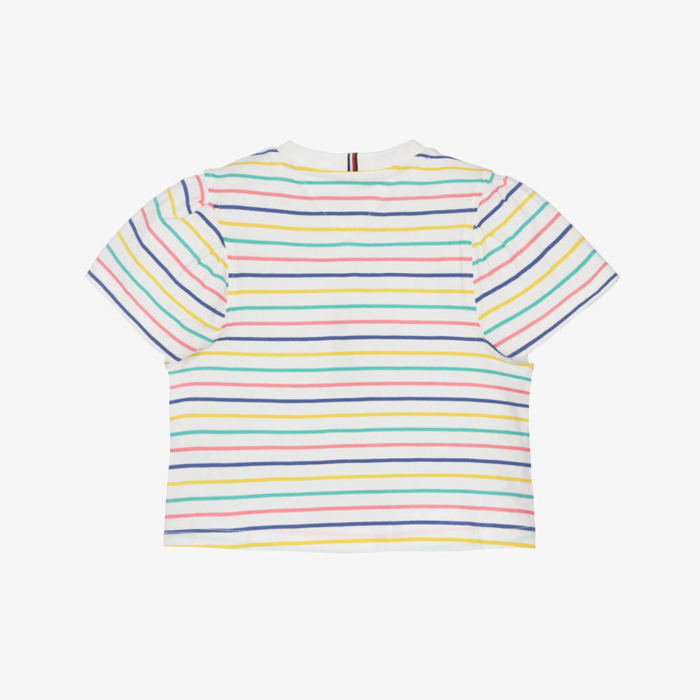 Tommy Hilfiger-Girls White Cotton Jersey T-Shirt with Colourful Stripes | Childrensalon