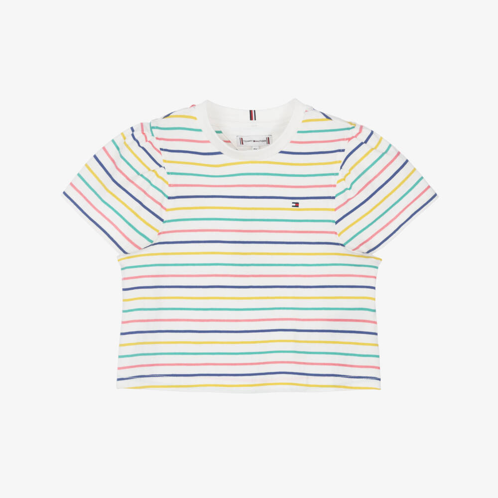 Tommy Hilfiger-Girls White Cotton Jersey T-Shirt with Colourful Stripes | Childrensalon