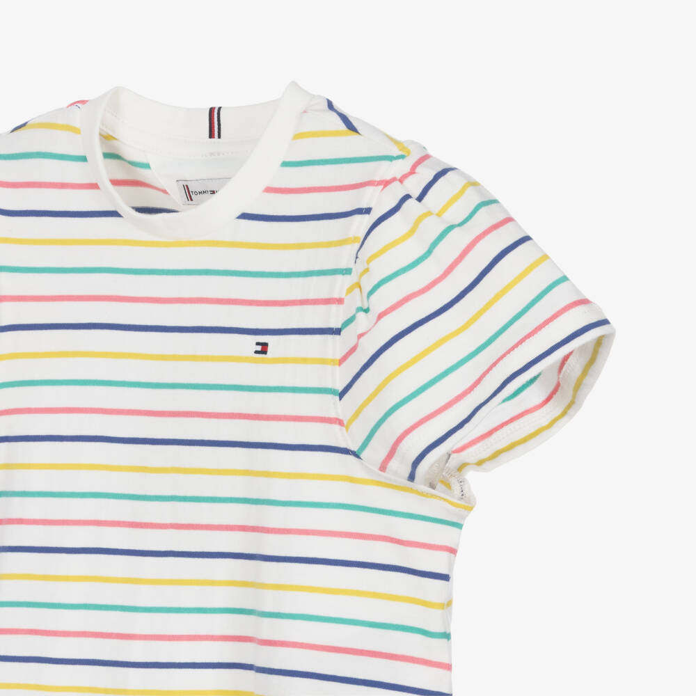 Tommy Hilfiger-Girls White Cotton Jersey T-Shirt with Colourful Stripes | Childrensalon