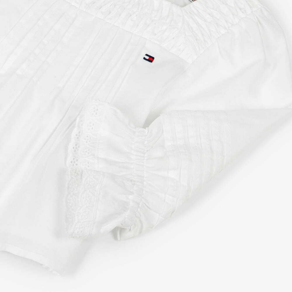Tommy Hilfiger-Girls White Cotton Pintuck Blouse with Broderie Trims | Childrensalon