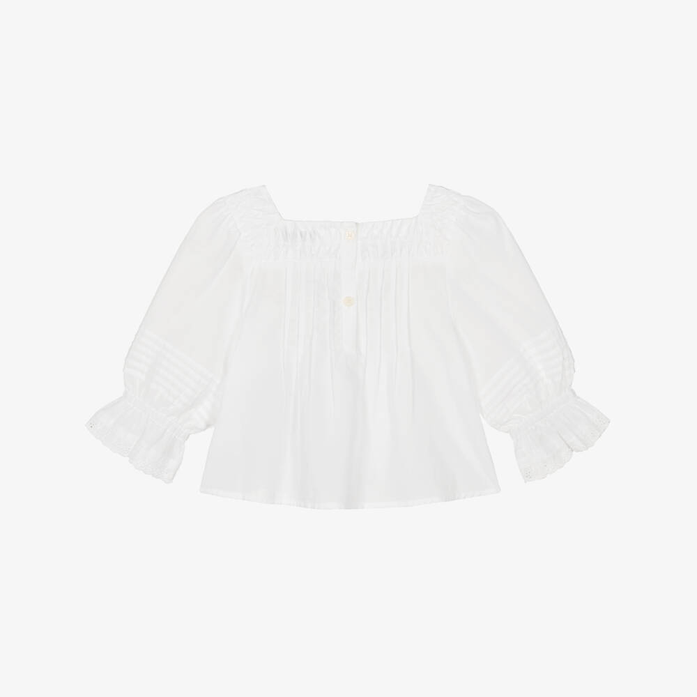 Tommy Hilfiger-Girls White Cotton Pintuck Blouse with Broderie Trims | Childrensalon