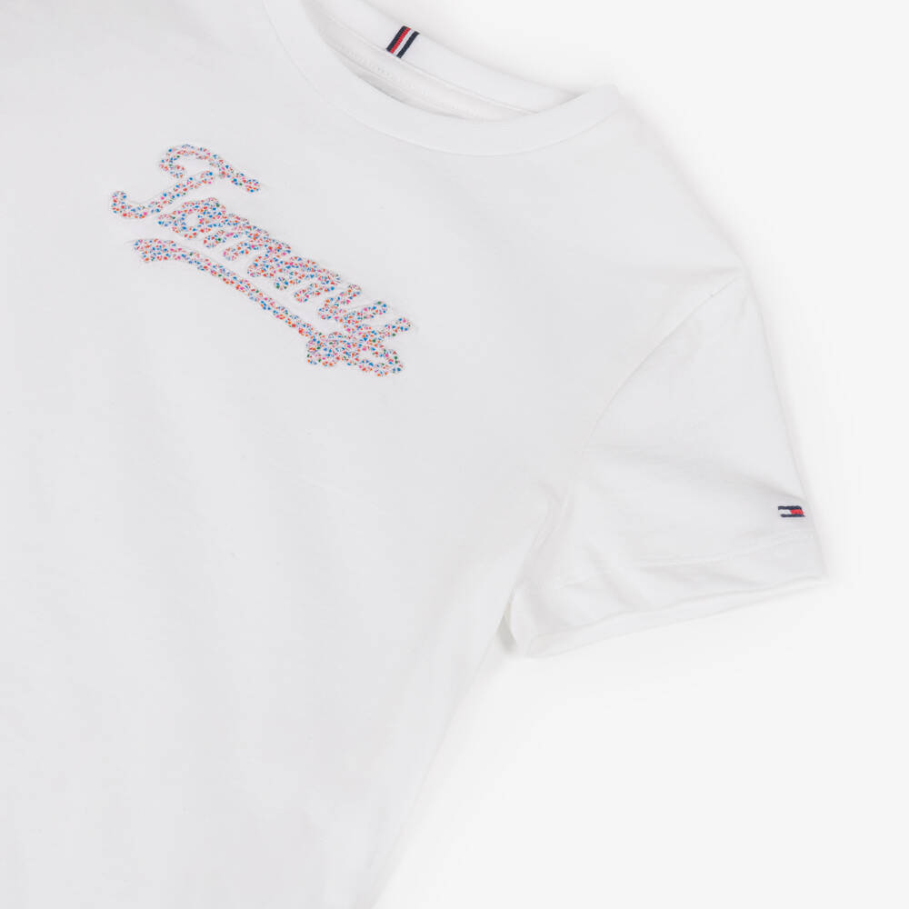 Tommy Hilfiger-Girls White Cotton Sequin Logo T-Shirt | Childrensalon