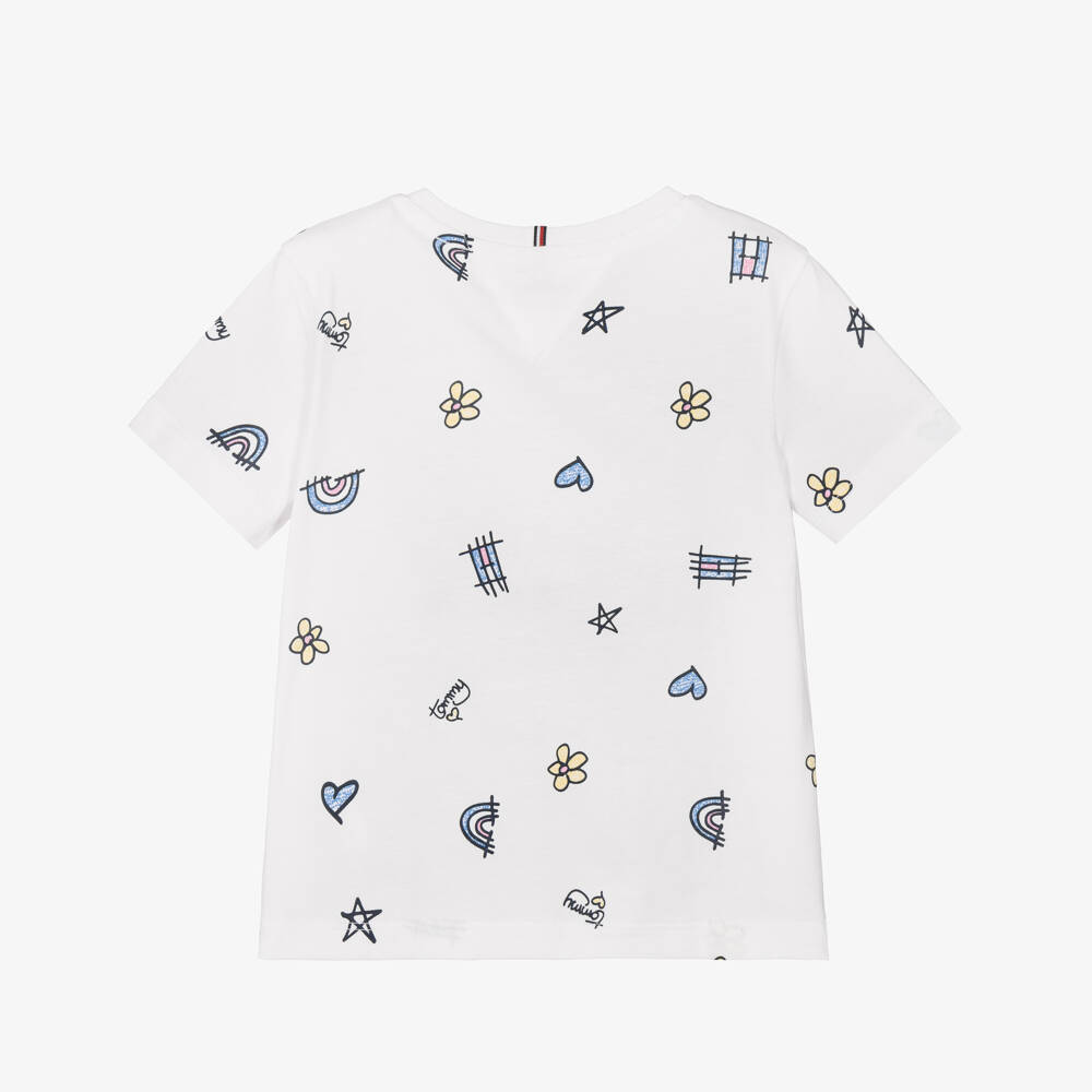 Tommy Hilfiger-Girls White Cotton T-Shirt with Graphic Prints | Childrensalon