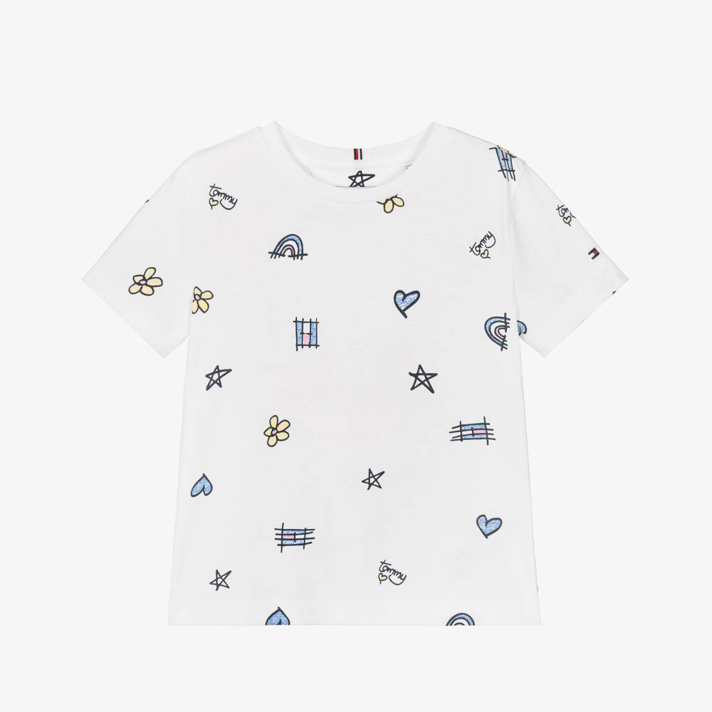 Tommy Hilfiger-Girls White Cotton T-Shirt with Graphic Prints | Childrensalon