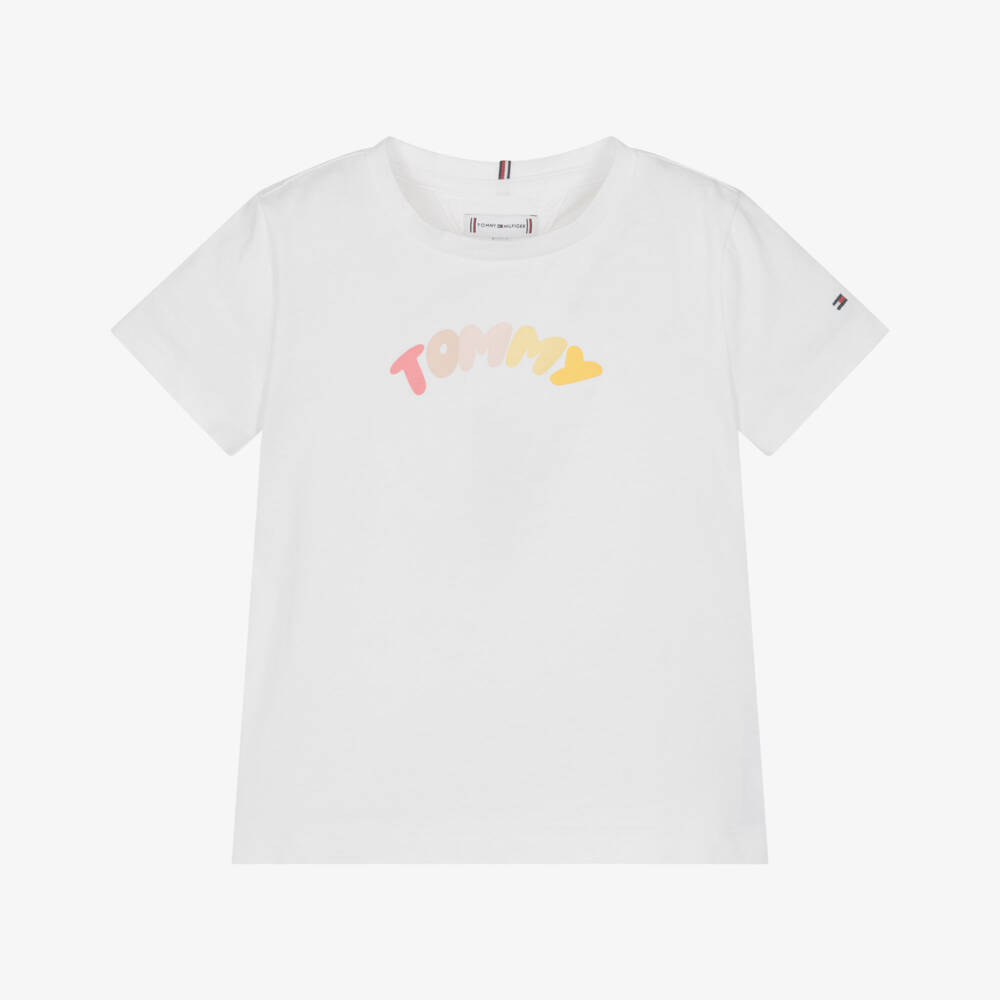 Tommy Hilfiger-Girls White Cotton T-Shirt with Pastel Logo Print | Childrensalon