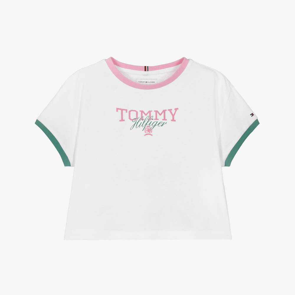 Tommy Hilfiger-Girls White Cotton T-Shirt with Pink & Green Trims | Childrensalon