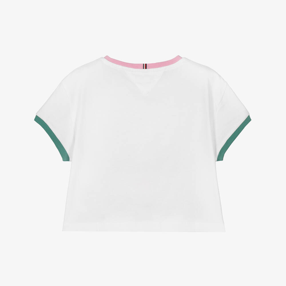 Tommy Hilfiger-Girls White Cotton T-Shirt with Pink & Green Trims | Childrensalon