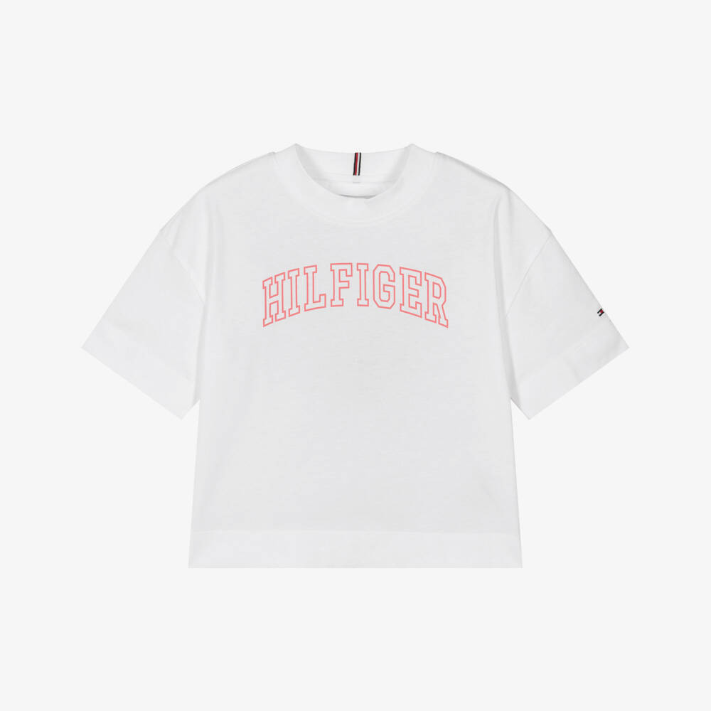 Tommy Hilfiger-Girls White Cotton T-Shirt with Pink Varsity Logo | Childrensalon