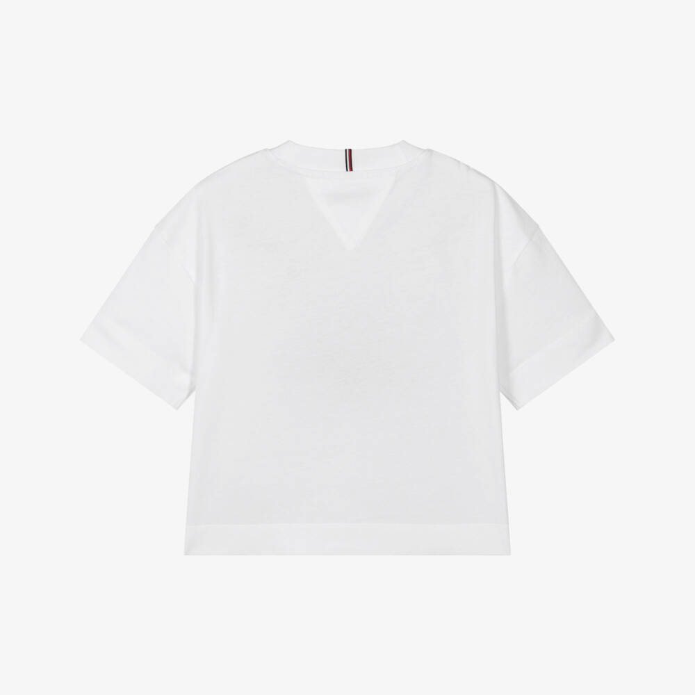 Tommy Hilfiger-Girls White Cotton T-Shirt with Pink Varsity Logo | Childrensalon
