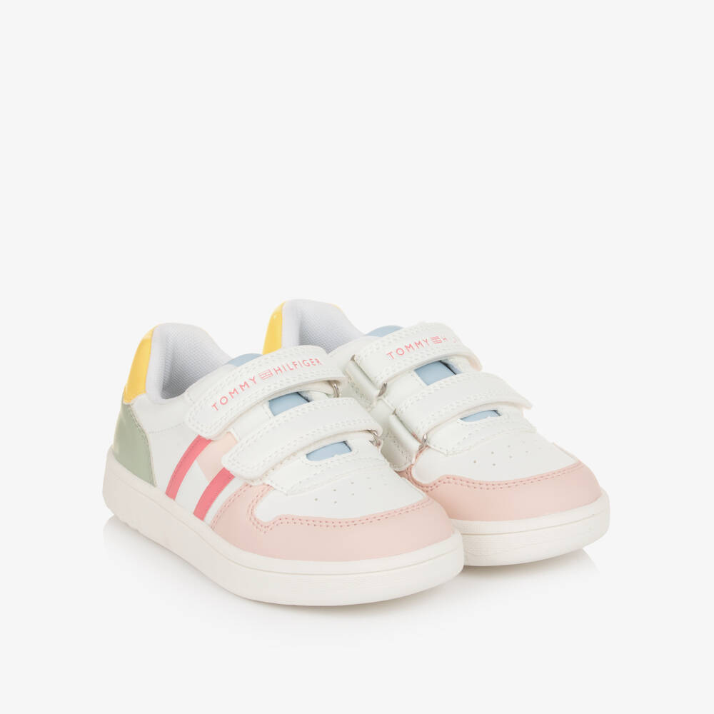Tommy Hilfiger-Girls White Faux Leather Colourblock Trainers | Childrensalon