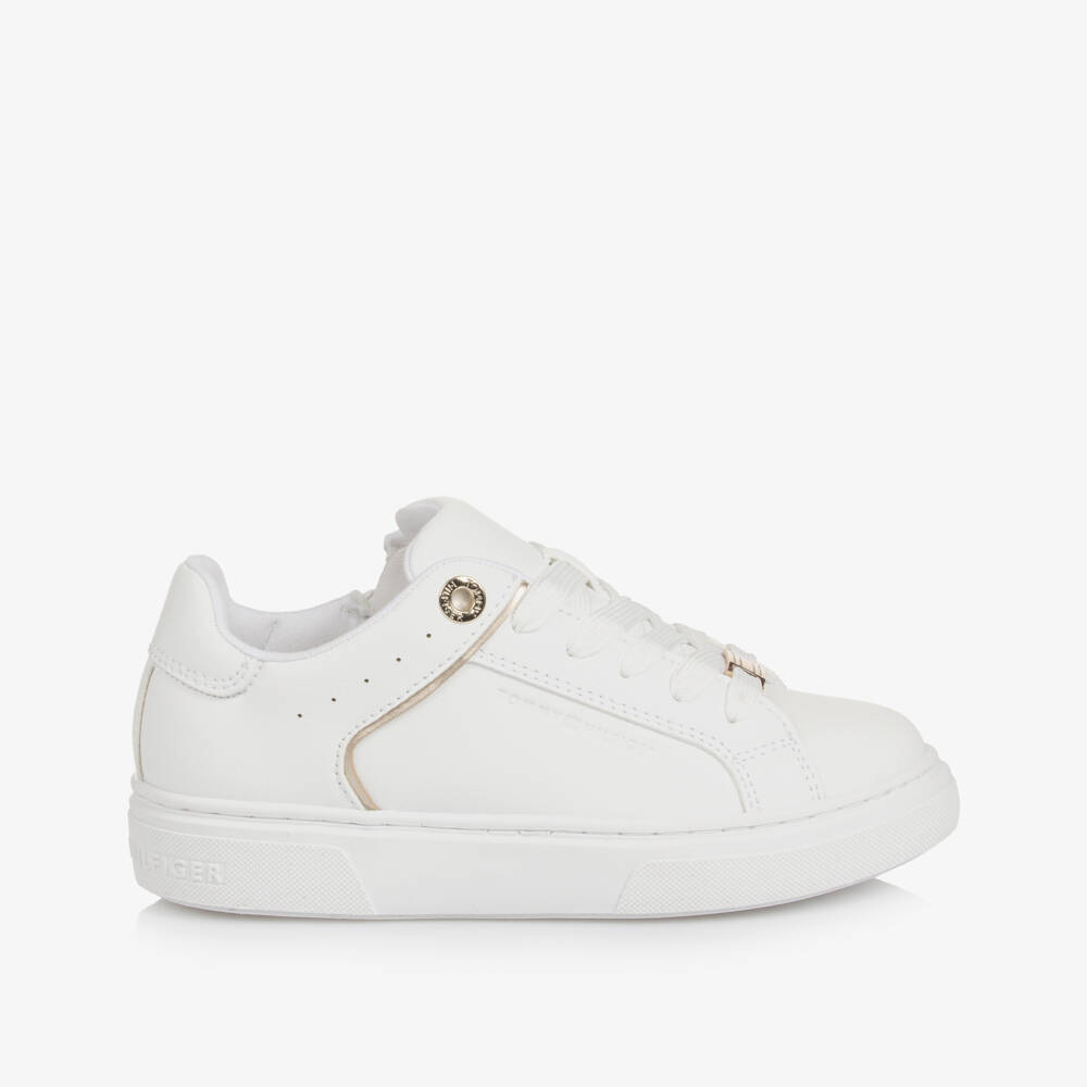 Tommy Hilfiger-Girls White Faux Leather Court Trainers | Childrensalon