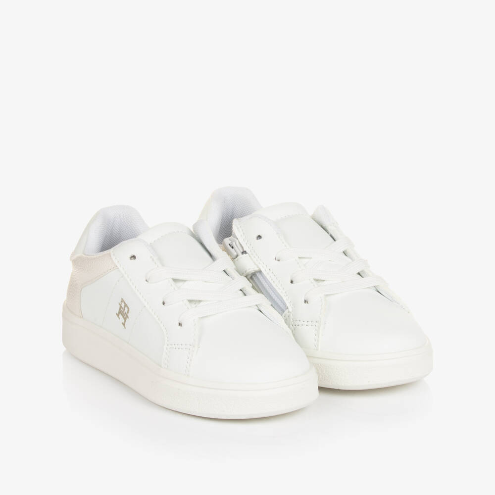 Tommy Hilfiger-Girls White Faux Leather TH Monogram Trainers | Childrensalon