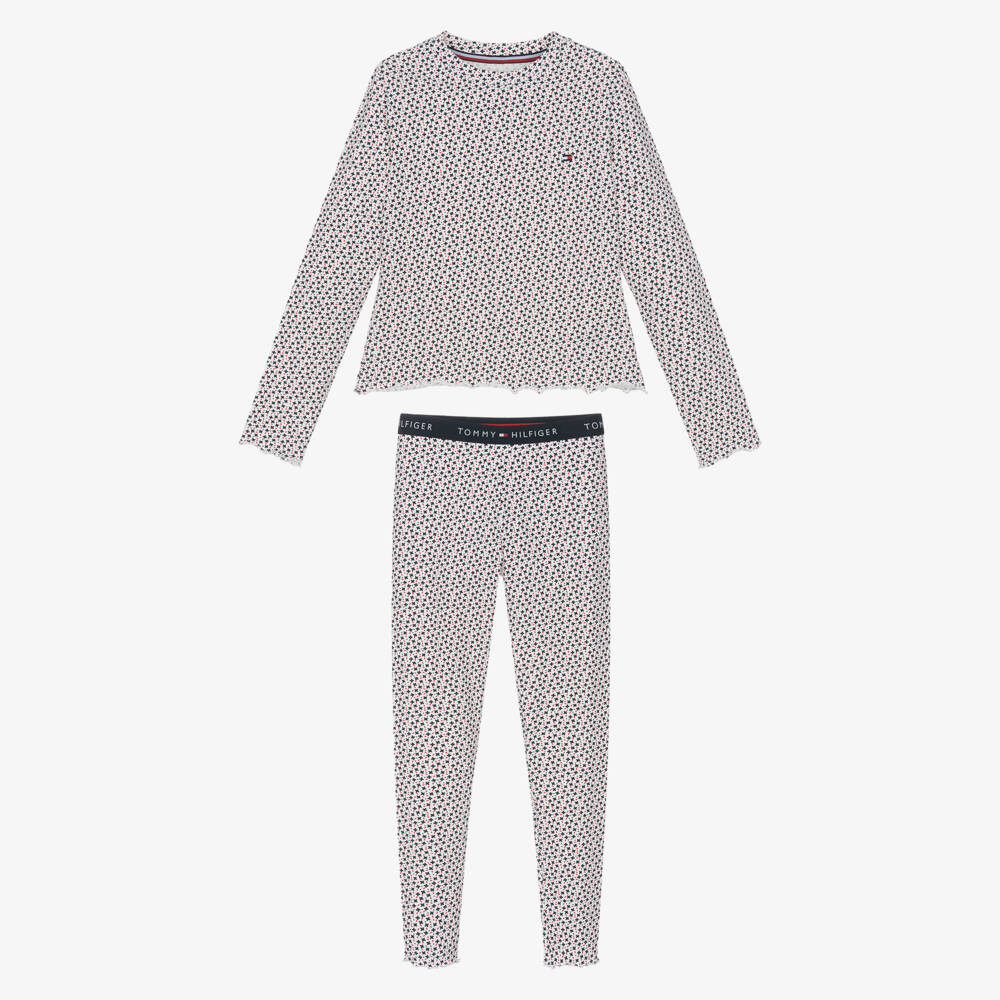 Tommy Hilfiger-Girls White Floral Patterned Cotton Pyjamas | Childrensalon