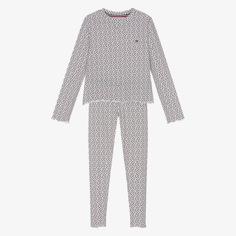 Tommy Hilfiger-Girls White Floral Patterned Cotton Pyjamas | Childrensalon