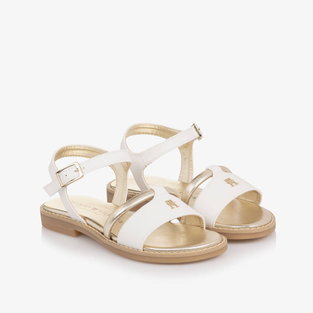 Tommy Hilfiger-Girls White & Gold Faux Leather Sandals with TH Monogram Logo | Childrensalon