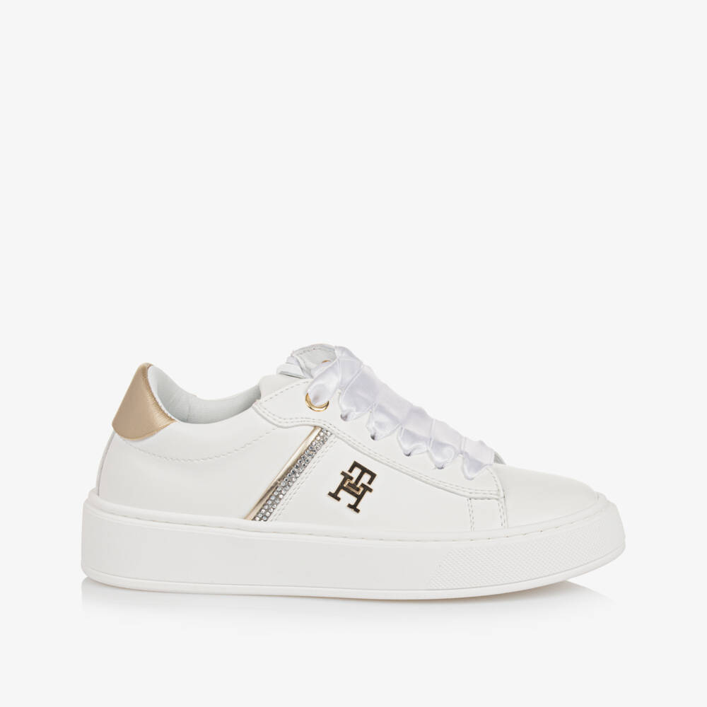 Tommy Hilfiger-Girls White & Gold Faux Leather Trainers | Childrensalon