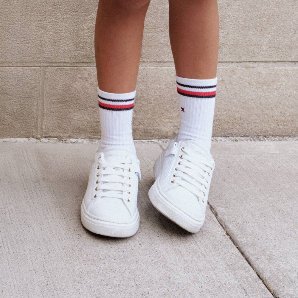 Tommy Hilfiger-Girls White & Gold Faux Leather Trainers | Childrensalon