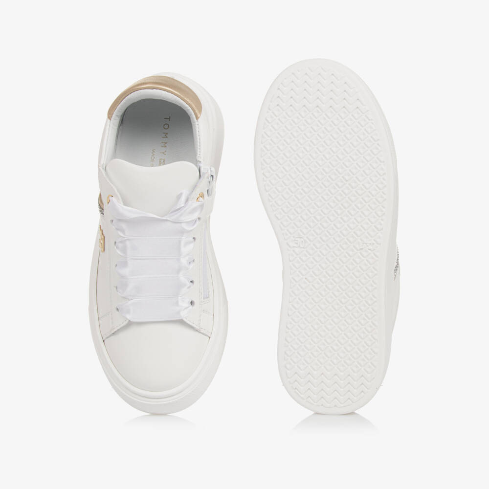 Tommy Hilfiger-Girls White & Gold Faux Leather Trainers | Childrensalon