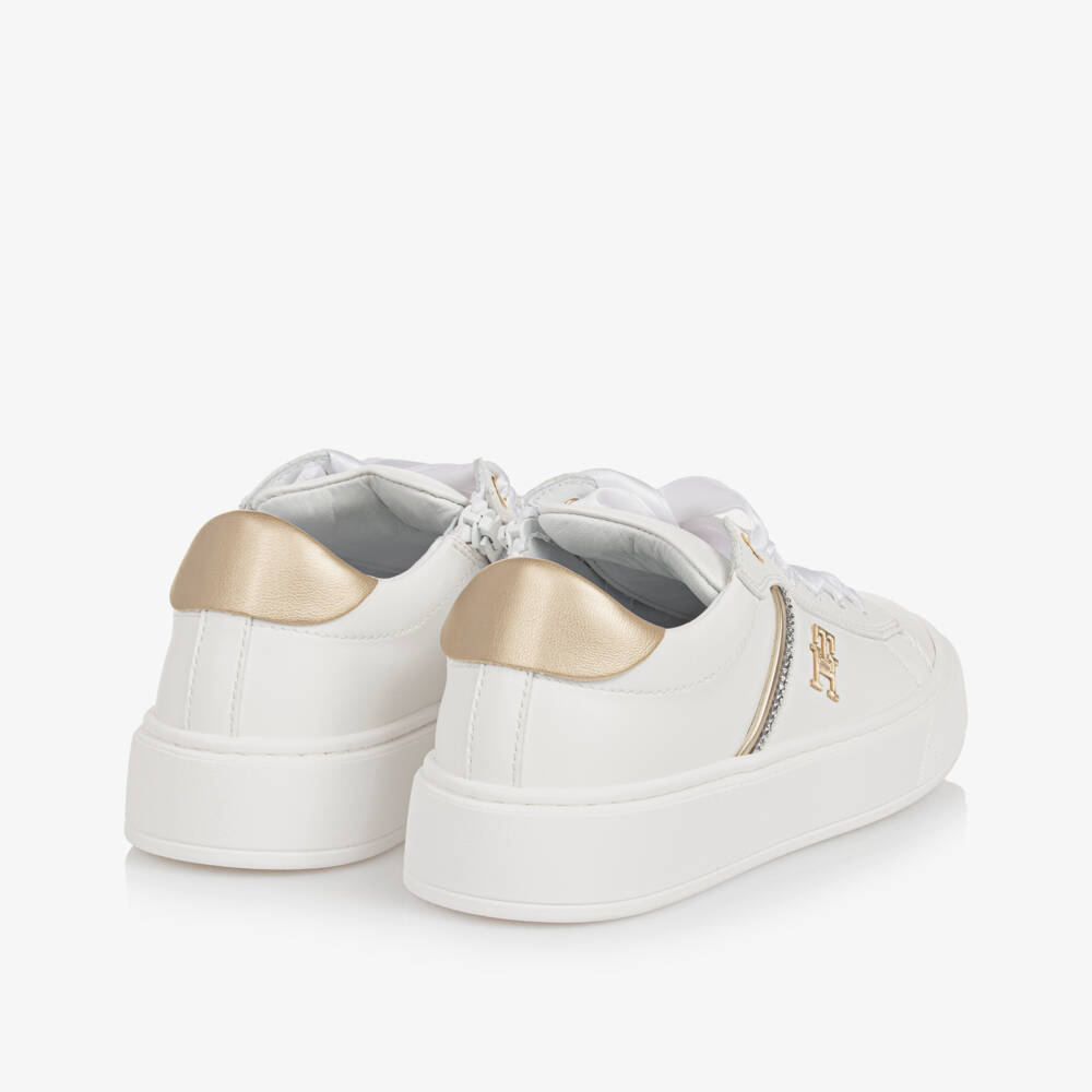 Tommy Hilfiger-Girls White & Gold Faux Leather Trainers | Childrensalon