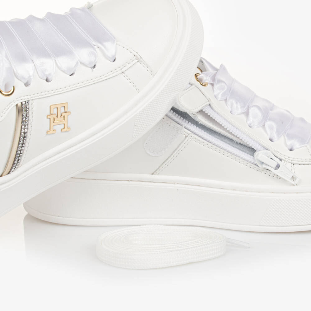 Tommy Hilfiger-Girls White & Gold Faux Leather Trainers | Childrensalon