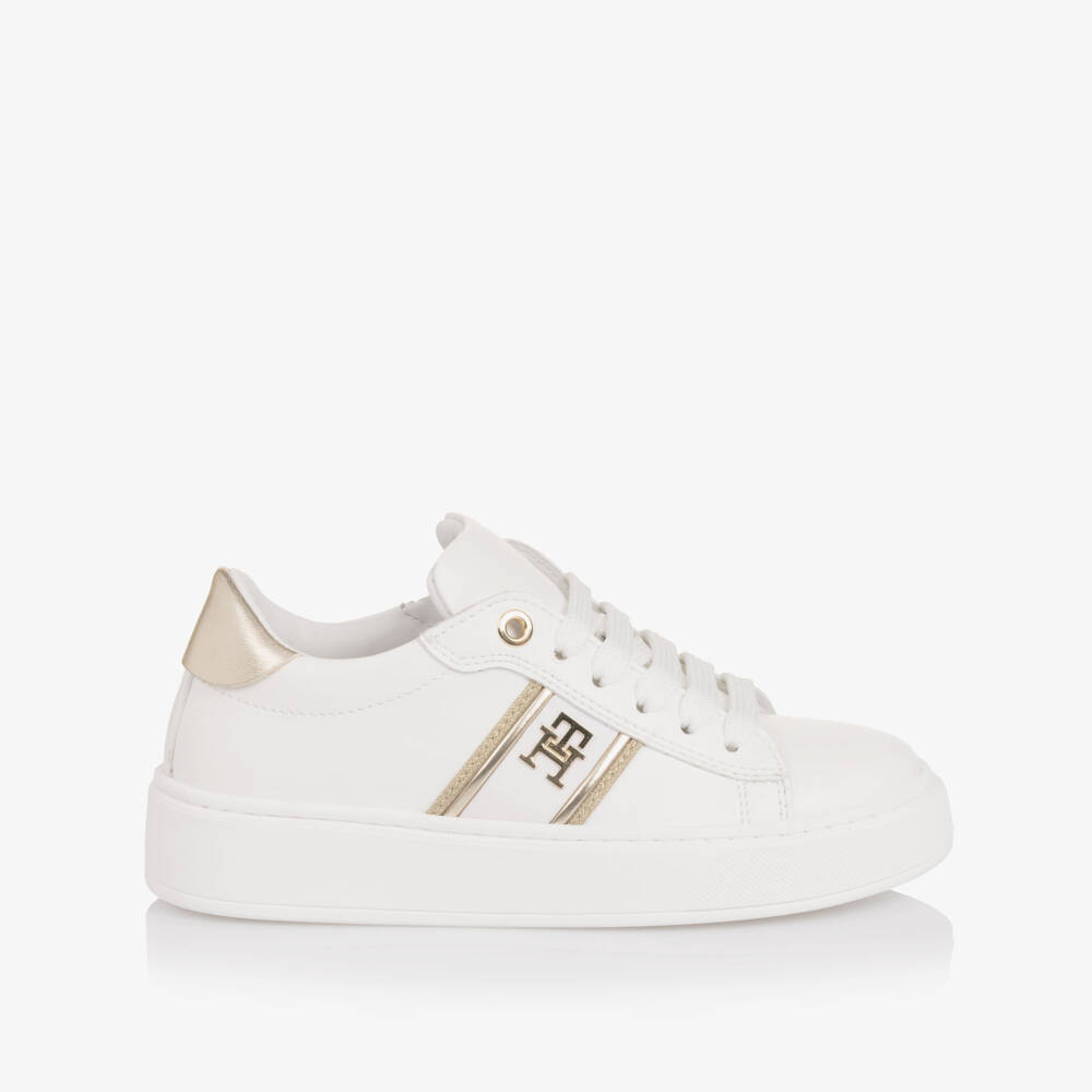 Tommy Hilfiger-Girls White & Gold Faux Leather Trainers with TH Monogram Logo | Childrensalon