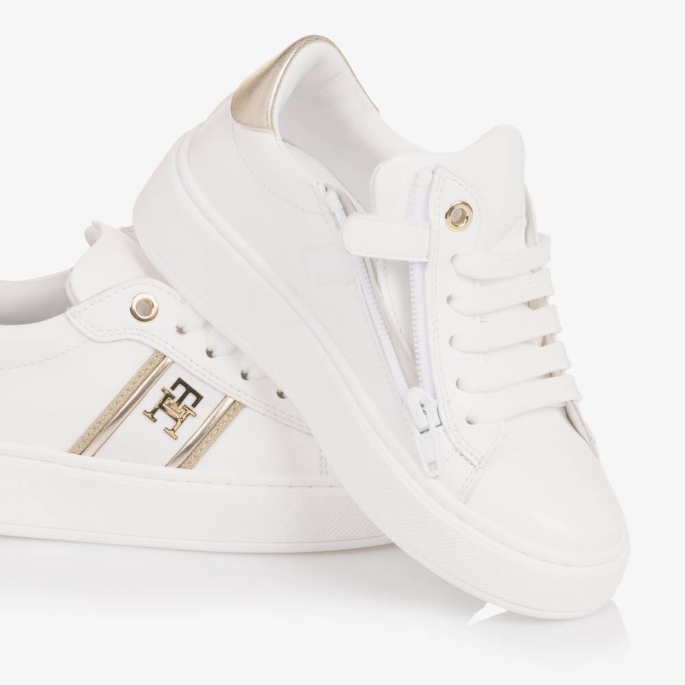 Tommy Hilfiger-Girls White & Gold Faux Leather Trainers with TH Monogram Logo | Childrensalon