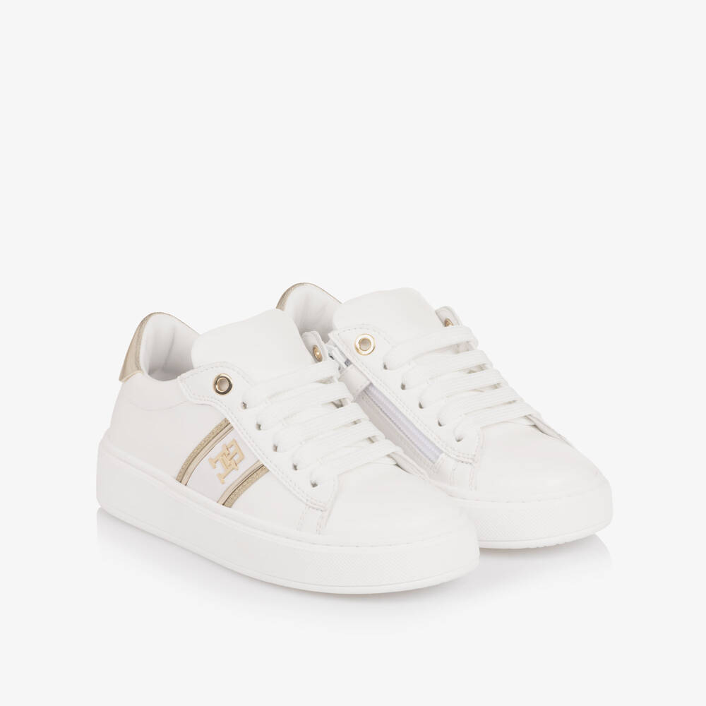 Tommy Hilfiger-Girls White & Gold Faux Leather Trainers with TH Monogram Logo | Childrensalon