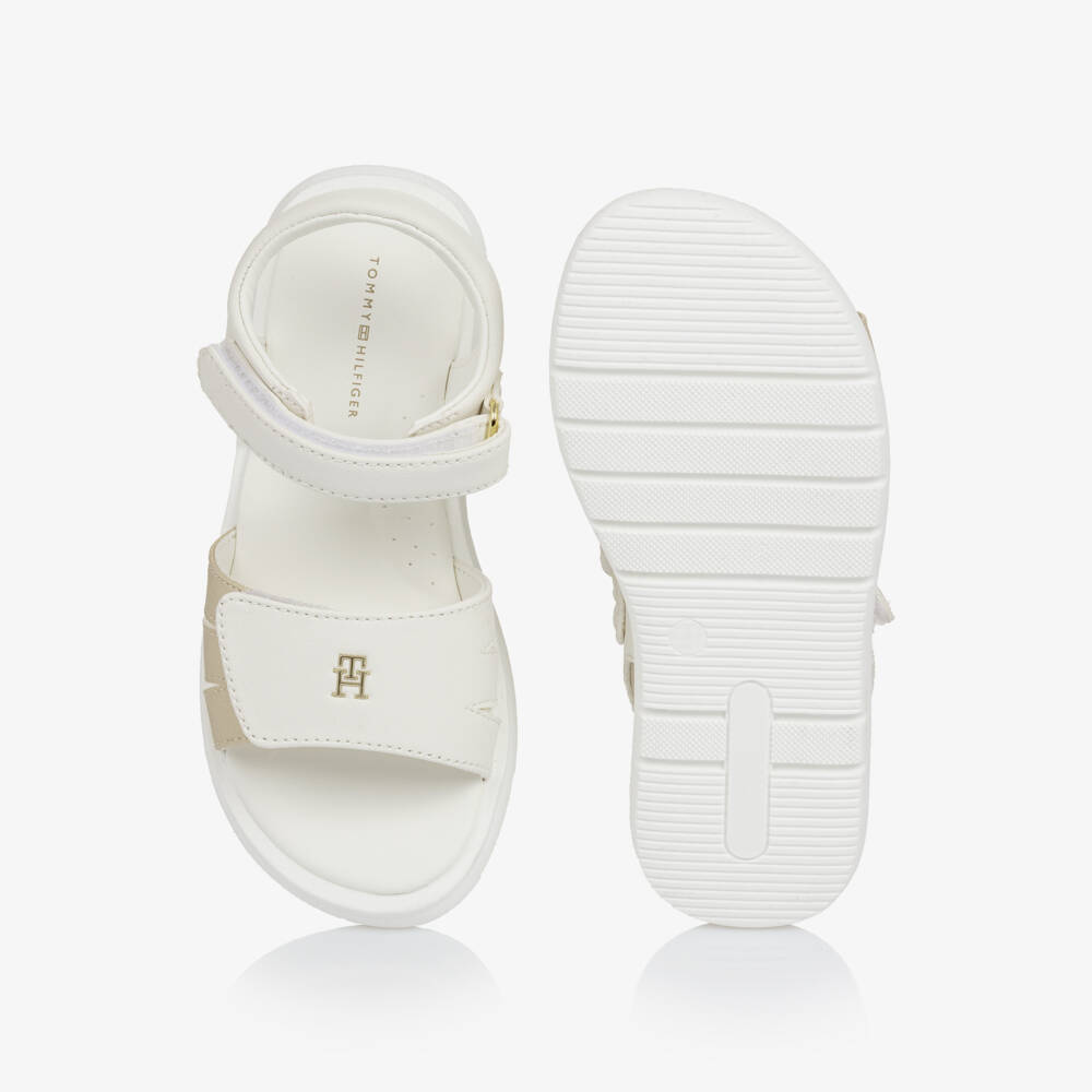 Tommy Hilfiger-Girls White & Gold Faux Leather Velcro Sandals | Childrensalon