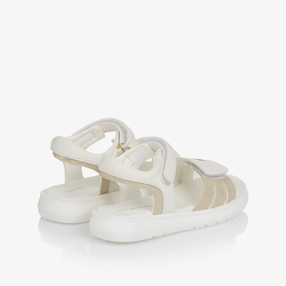Tommy Hilfiger-Girls White & Gold Faux Leather Velcro Sandals | Childrensalon