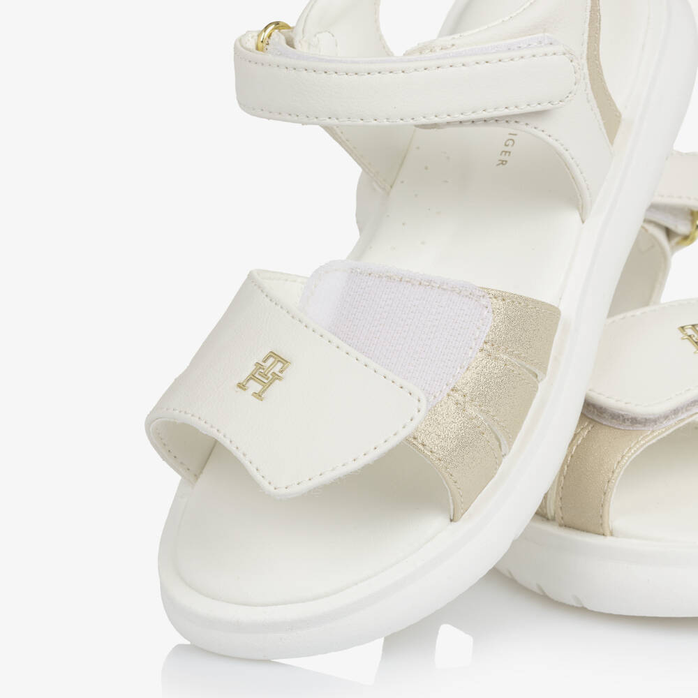 Tommy Hilfiger-Girls White & Gold Faux Leather Velcro Sandals | Childrensalon