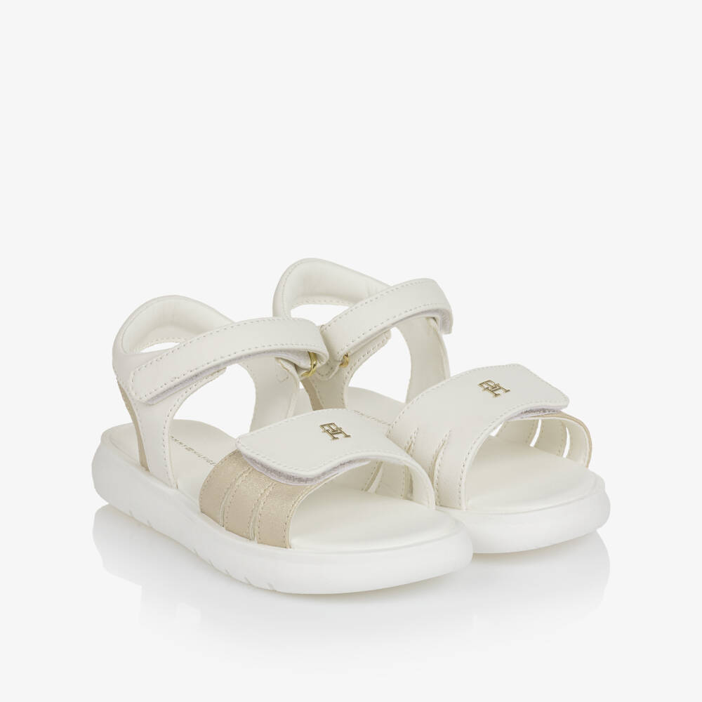 Tommy Hilfiger-Girls White & Gold Faux Leather Velcro Sandals | Childrensalon