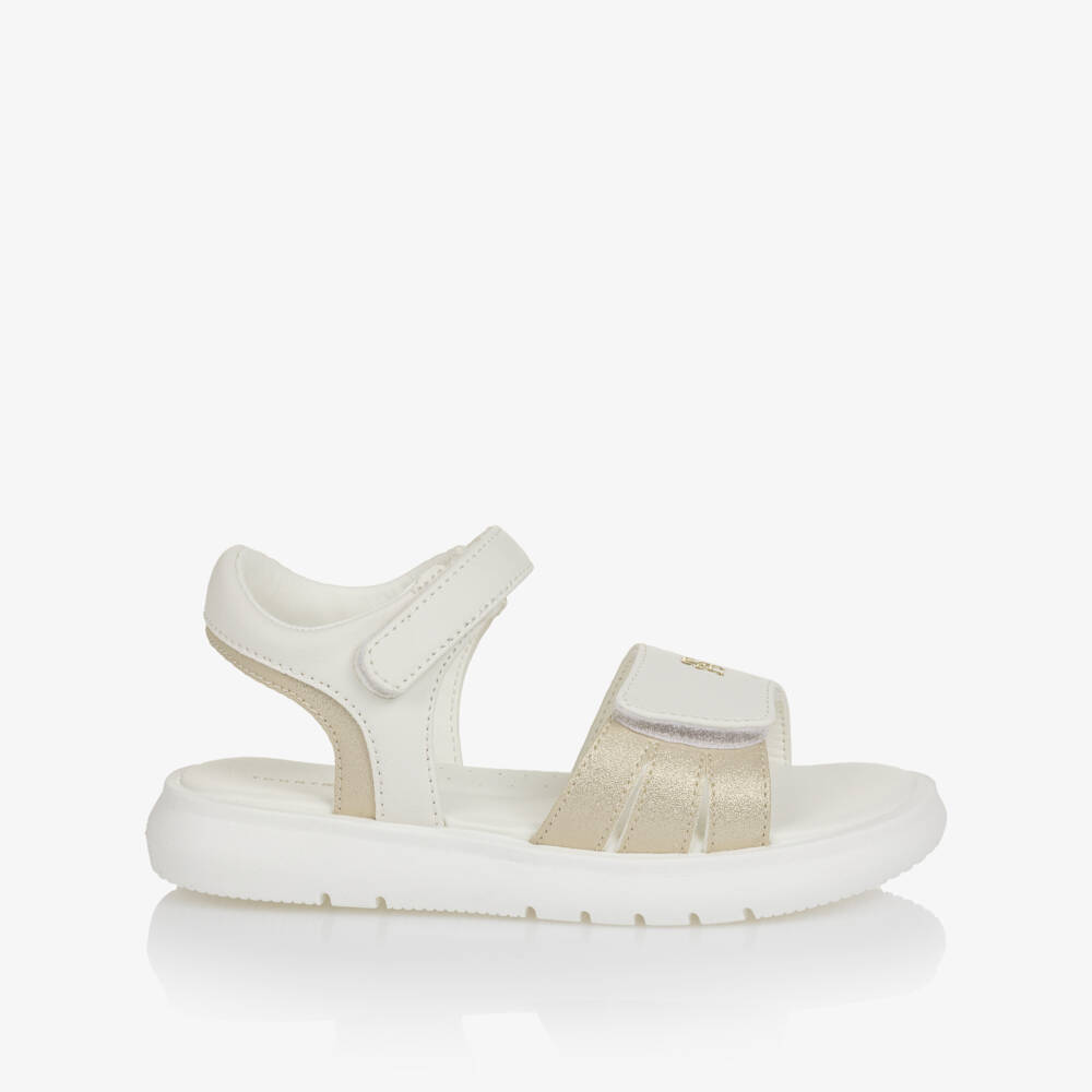 Tommy Hilfiger-Girls White & Gold Faux Leather Velcro Sandals | Childrensalon
