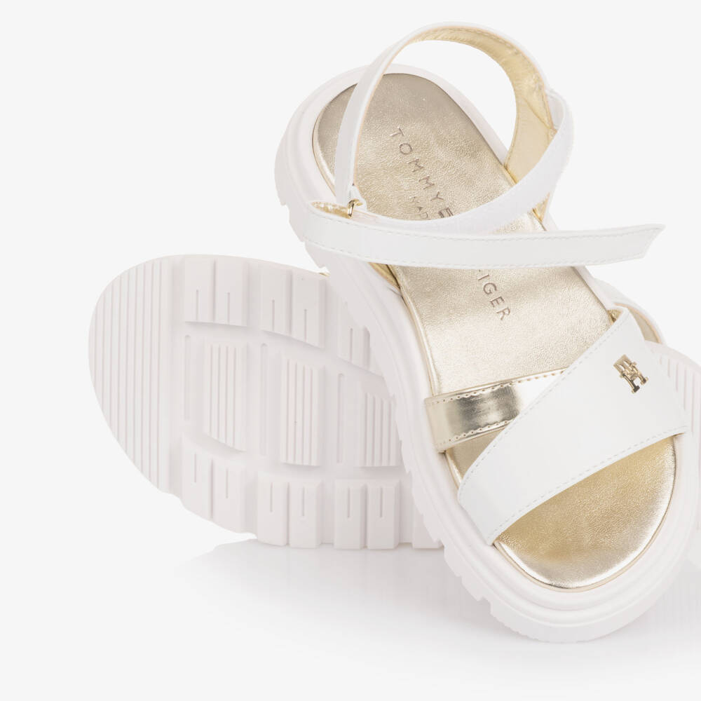 Tommy Hilfiger-Girls White & Gold Sandals with TH Monogram Logo & Chunky Soles | Childrensalon