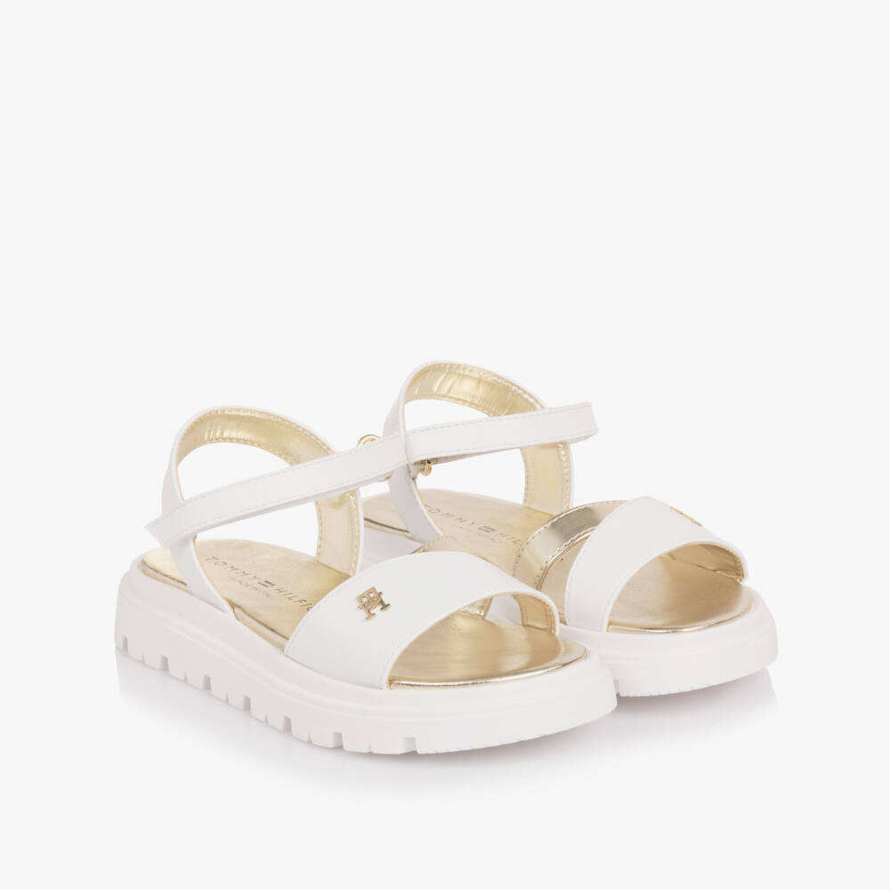 Tommy Hilfiger-Girls White & Gold Sandals with TH Monogram Logo & Chunky Soles | Childrensalon