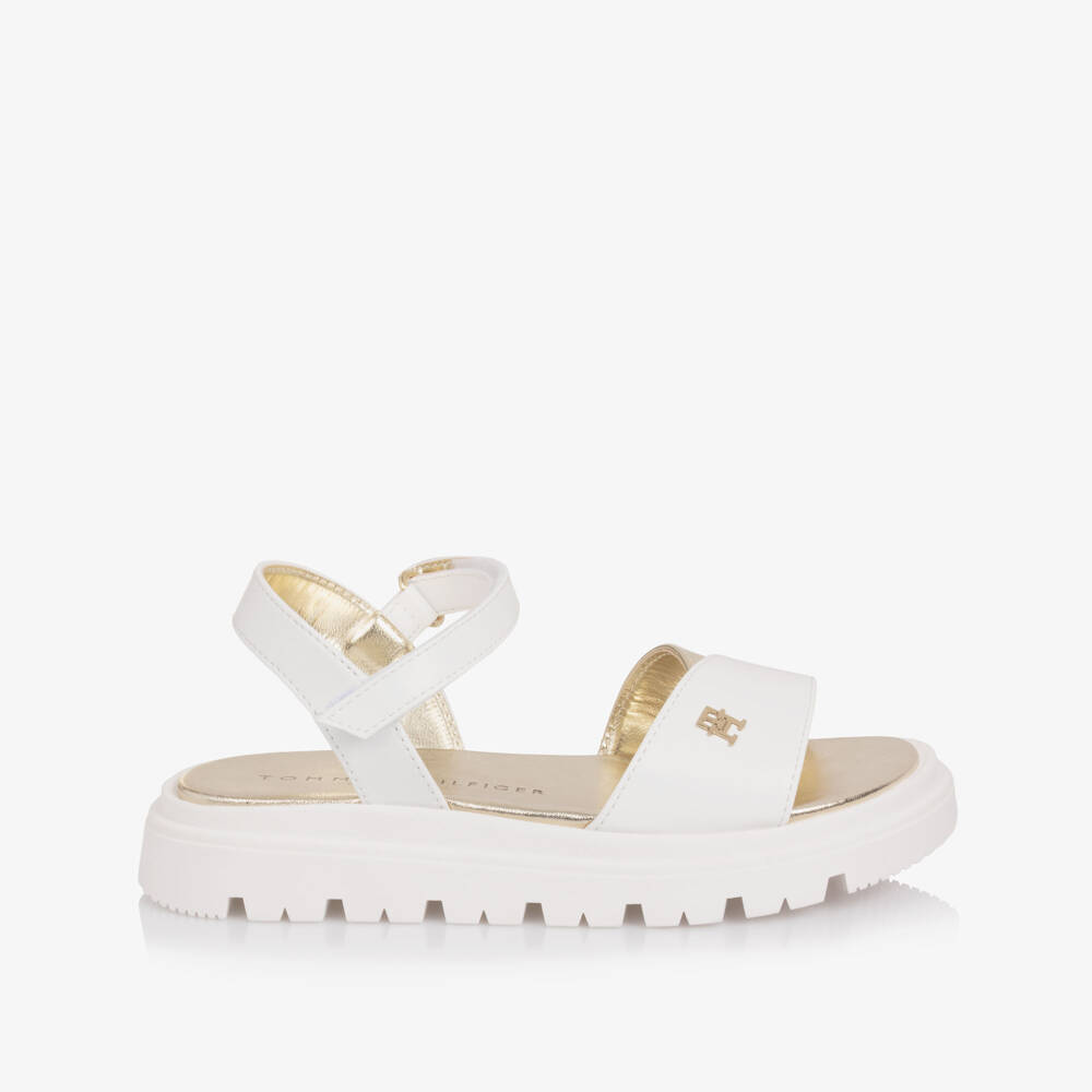 Tommy Hilfiger-Girls White & Gold Sandals with TH Monogram Logo & Chunky Soles | Childrensalon